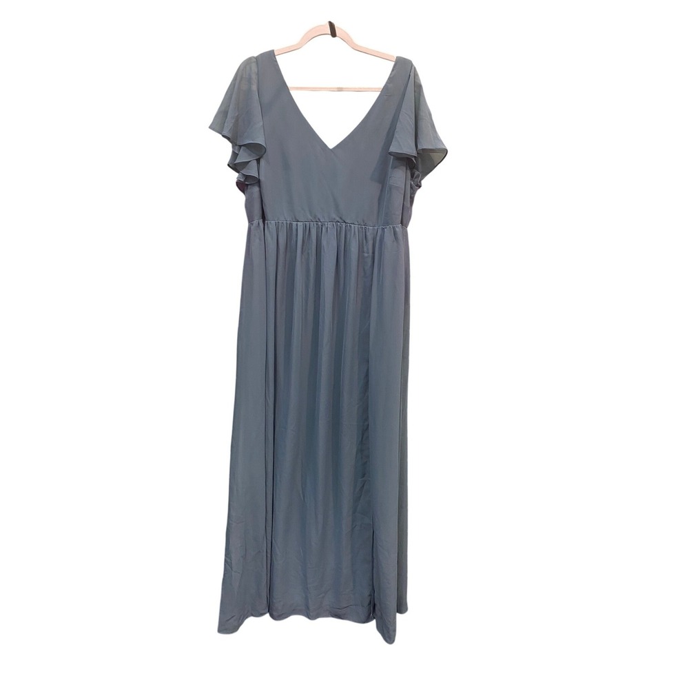 Birdy Grey Sea Glass Hannah Flutter Sleeve V-Neck Maxi Bridesmaid Dress Size 1X